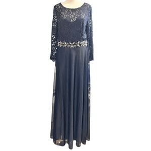 JACKIE JON New York Navy Lace Chiffon Rhinestones Formal Gown Dress Sz12 NWT